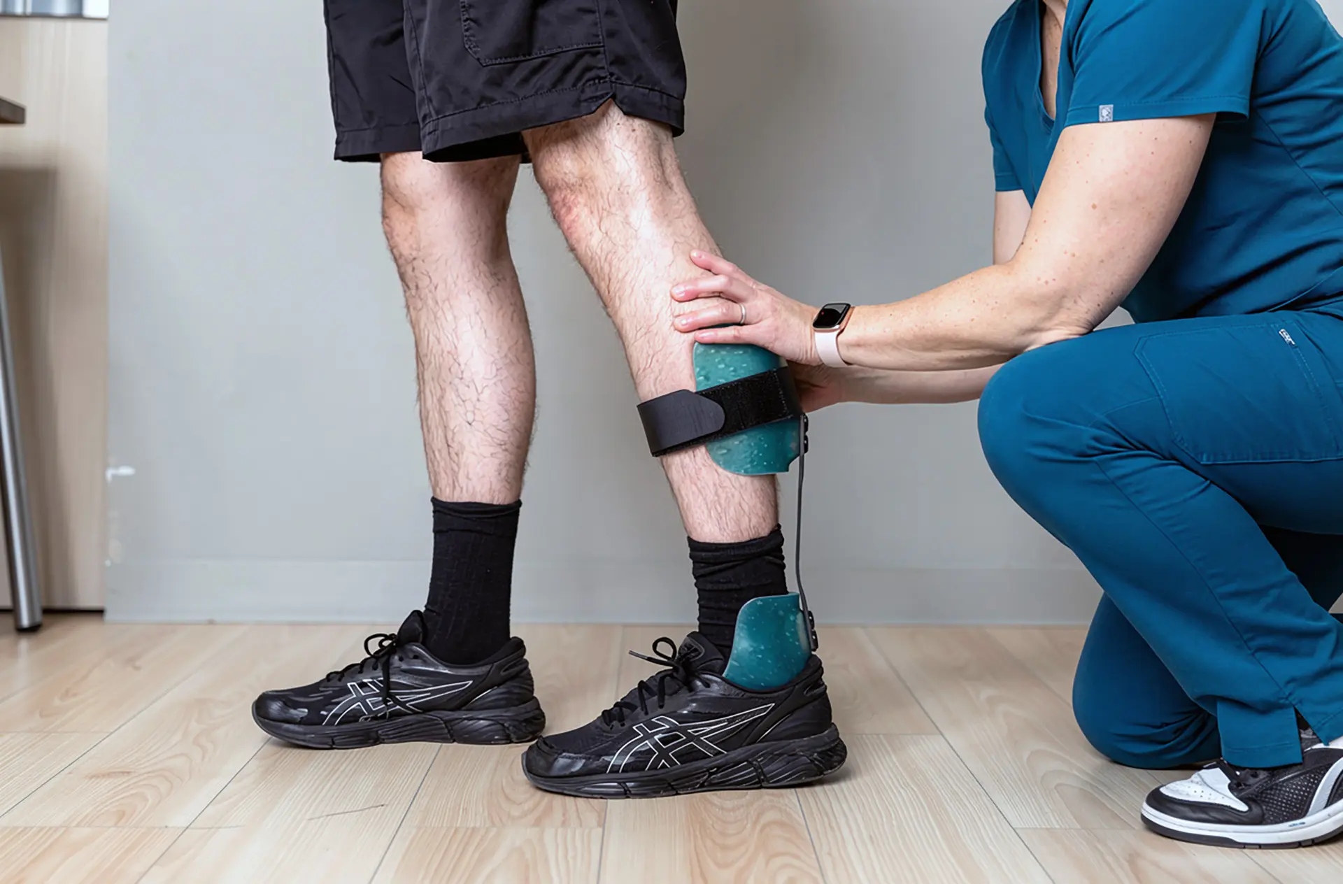 Patient putting on an ankle foot orthosis (AFO)