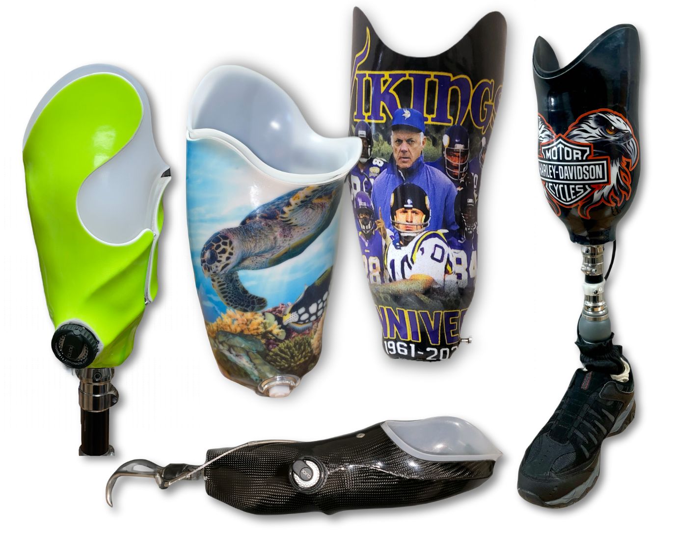 Various customized prosthetic sockets showing personalization options
